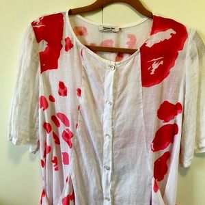 Banana Blue White Linen Button-Front Dress with Red Print